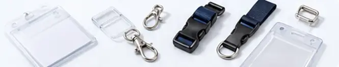 Clear badge holders, metal clips and black safety buckles