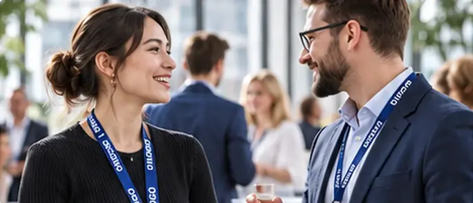 Two colleagues talking at a business event, both wearing blue lanyards