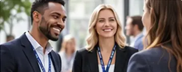 Two smiling colleagues at a conference wearing lanyards