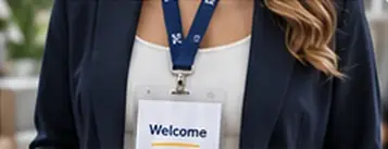 Person wearing a navy lanyard with a Welcome badge