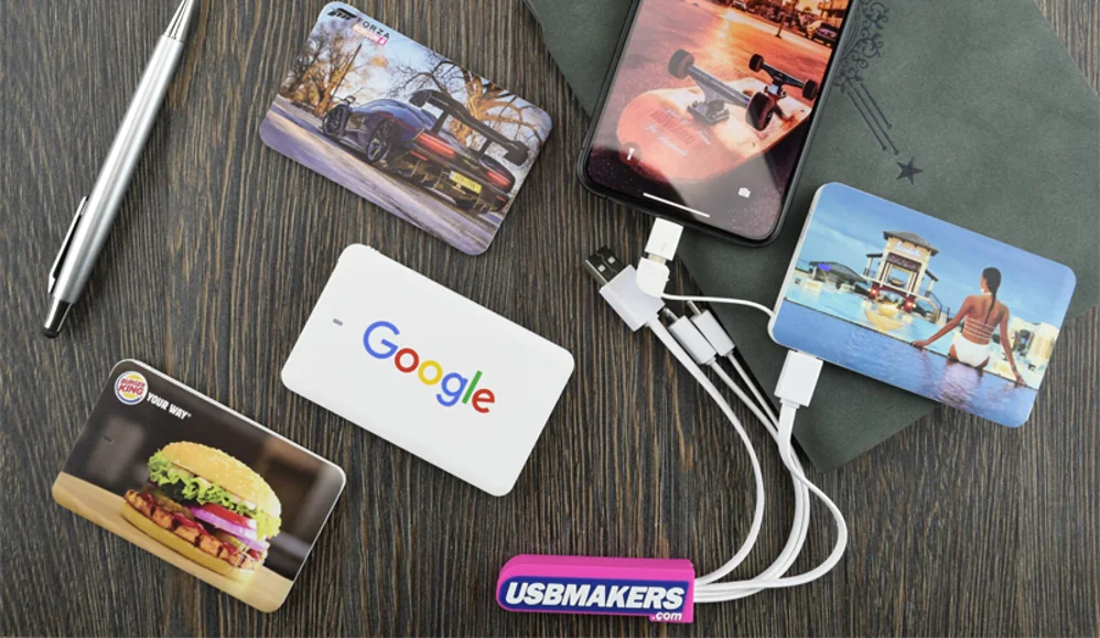 Full-colour printed credit card USB drives and power banks with a Lanyard Makers branded 3-in-1 charging cable