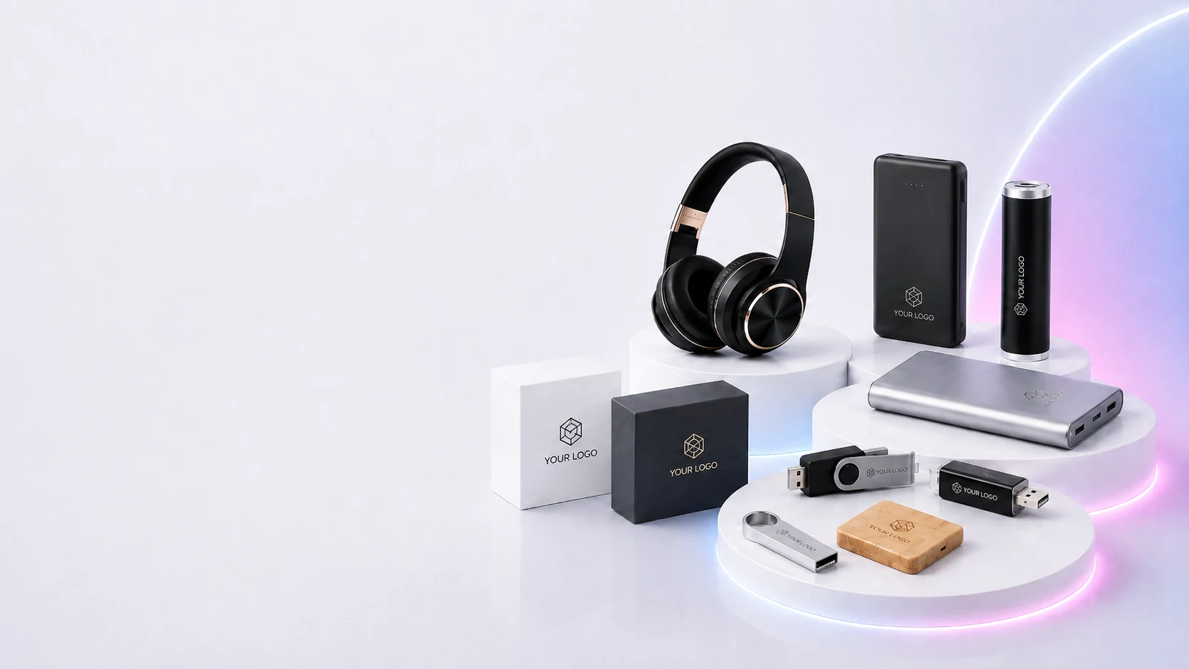 Family of branded products printed with your logo, including Twister USB sticks, a wooden USB, power banks, headphones and presentation boxes